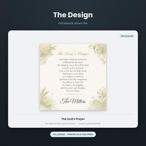 May include: A square plexi print featuring The Lord's Prayer in elegant dark text on a cream background. The corners are decorated with soft, watercolor-style illustrations of wheat and dried grasses. The name The Millers is printed at the bottom.