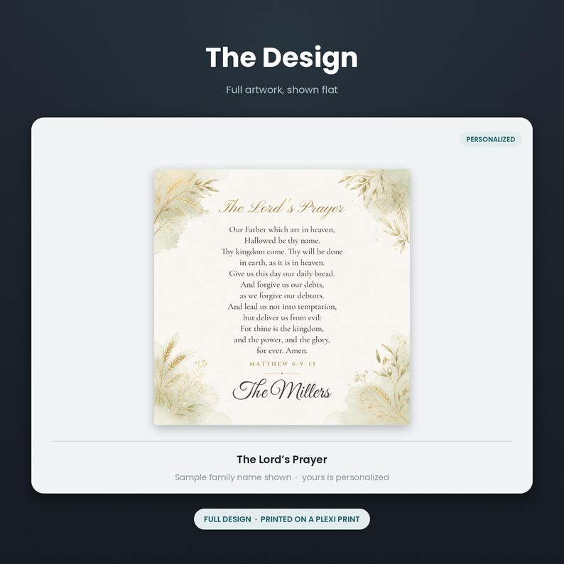 May include: A square plexi print featuring The Lord's Prayer in elegant dark text on a cream background. The corners are decorated with soft, watercolor-style illustrations of wheat and dried grasses. The name The Millers is printed at the bottom.