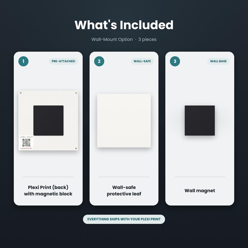 May include: A three-piece wall-mount kit including a white plexi print with a pre-attached magnetic block and QR code, a white wall-safe protective leaf, and a black wall magnet. The text reads What's Included, Wall-Mount Option, 3 pieces.