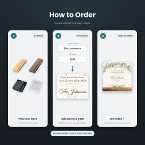 May include: An instructional graphic titled How to Order with three steps. Step 1 shows four base options. Step 2 shows fields for Family name and Est. year with a sample print. Step 3 shows the final product on a wooden base with floral art.