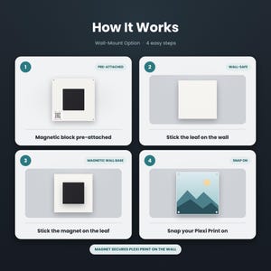 May include: An instructional graphic titled How It Works showing a 4-step wall-mount process for a Plexi Print. Steps include attaching a magnetic block, sticking a leaf to the wall, applying a magnetic base, and snapping the print on.