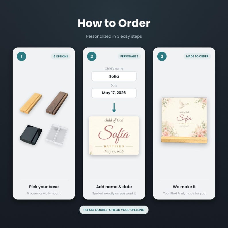 May include: An instructional graphic titled How to Order with three steps. Step 1 shows four base options. Step 2 displays input fields for a child's name and date, showing Sofia and May 17, 2026. Step 3 shows a finished plexi print on a wooden base.