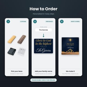 May include: An instructional graphic titled How to Order with three steps. Step 1 shows four base options. Step 2 shows a personalization field for a family name. Step 3 displays a finished plexi print featuring a nativity scene and text.