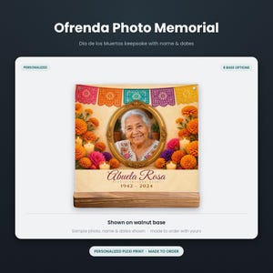 May include: A rectangular plexi print memorial featuring a central oval gold frame with a portrait of an older person. The print includes orange marigold flowers, colorful papel picado banners, and candles. Text reads Abuela Rosa 1942-2024.