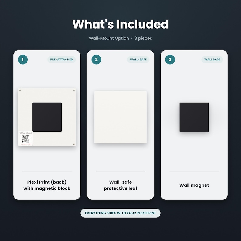 May include: A three-piece wall-mount kit including a white plexi print with a pre-attached magnetic block and QR code, a white wall-safe protective leaf, and a black wall magnet. The text reads What's Included, Wall-Mount Option, 3 pieces.