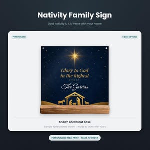 May include: A square plexiglass sign featuring a gold nativity scene and the text Glory to God in the highest Luke 2:14 The Garcias set against a dark blue starry background. The sign is mounted on a rectangular wooden walnut base.