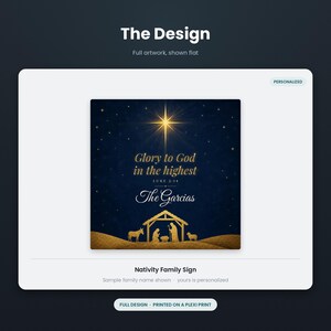 May include: A square plexi print featuring a dark blue night sky with a bright gold star above a nativity scene. The text reads Glory to God in the highest, Luke 2:14, and The Garcias. The design includes a gold manger, figures, and animals.