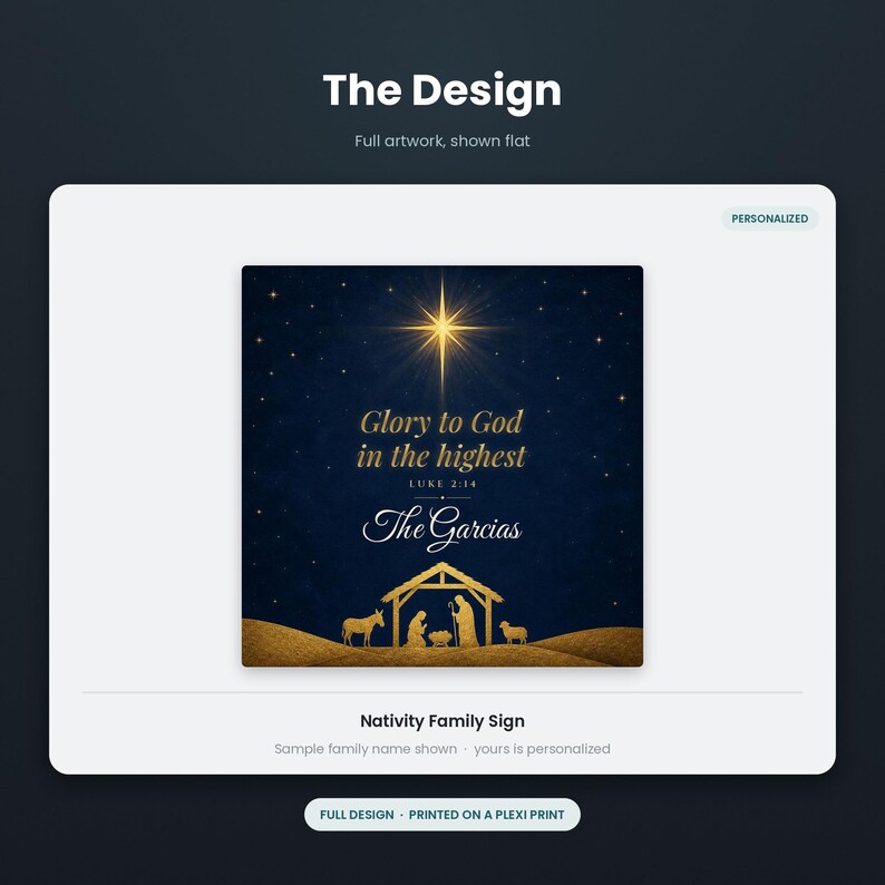 May include: A square plexi print featuring a dark blue night sky with a bright gold star above a nativity scene. The text reads Glory to God in the highest, Luke 2:14, and The Garcias. The design includes a gold manger, figures, and animals.