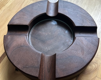 Handcrafted Wooden Cigar Ashtray – Solid Hard Wood, Round Four-Cigar Slot