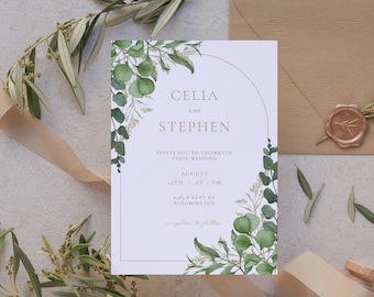 Green & Gold Floral Arch Wedding Invitation | Digital Download | Canva Template | Printable