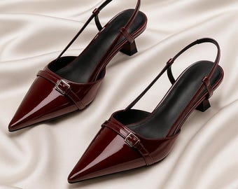 Women’s PU Leather Slingback Heels | Pointed Toe Dress Shoes | Buckle Mid Heel for Office