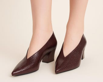 Women’s Faux Leather Pointed Toe Heel | Thick Heel Comfort Pumps | Shallow Slip-On Dress Shoes
