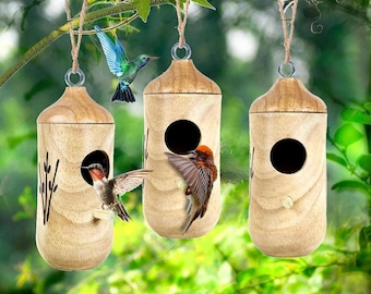 Hummingbird House for Outside Hanging, Wooden Humming Bird Nest with Hemp Ropes, Hummingbird Nest for Garden Window Outdoor.