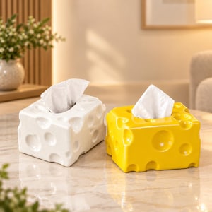 May include: Two rectangular tissue box covers, one white and one yellow, each featuring a smooth surface with various circular indentations resembling Swiss cheese. A white tissue is pulled through the top opening of each box cover.