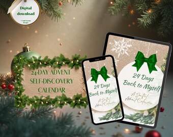 May include: A digital download advertisement for a 24-day advent self-discovery calendar. The image features a tablet and smartphone displaying the calendar design, along with a decorative sign and Christmas ornaments.