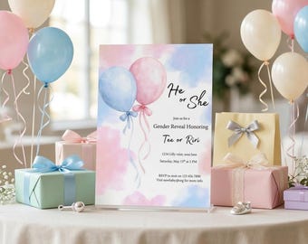 Gender Reveal Invitation, Pink Blue Balloons Baby Shower Printable Invite card, He or She gender reveal