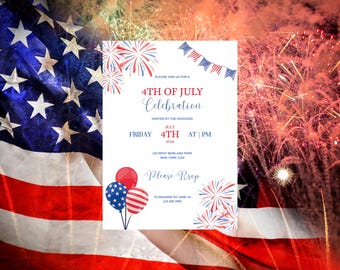 Printable July Fourth Invite, 4th Of July Invitation Template, 4th of July BBQ Invitation