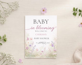 Baby in Bloom Baby Shower Welcome Sign, Floral Baby Shower Sign, Editable Baby Shower Poster, Printable Spring Shower invite