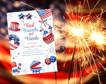 4th of July invite, 4th of July Invitation Template – USA Independence Day Invite, Red White & Blue Fireworks, Fourth of July BBQ Invitation