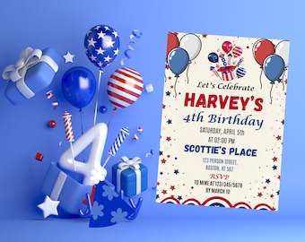 4th of July Birthday Invitation Template, Summer July Birthday Party Invite, 4th of July Invitation, 4 year old birthday invite