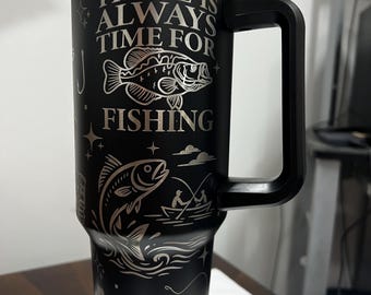 40oz Black Stainless Steel Tumbler | Laser Engraved Rodfather Fishing Design, With Handle