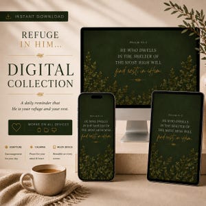 May include: Digital collection with the text "Refuge in Him..." and "Digital Collection." The image shows a computer monitor, a smartphone, and a tablet displaying the same text and design. A coffee cup sits in the foreground.