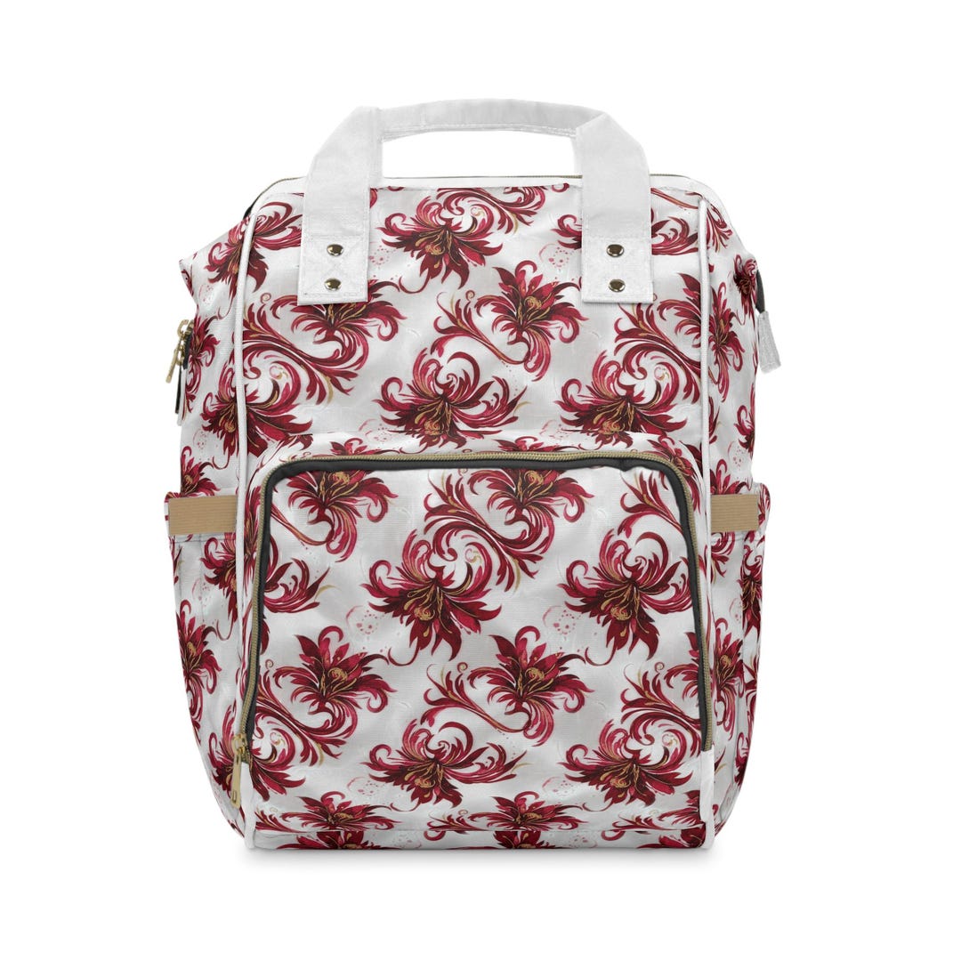 Red Floral Swirl Multifunctional Diaper Backpack | Floral Pattern Baby ...