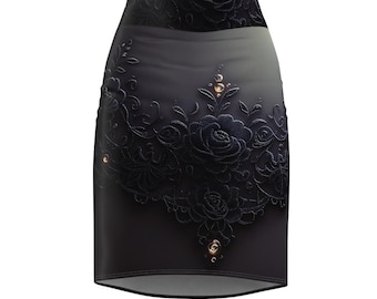 Black Lace Embossed Rose Pencil Skirt