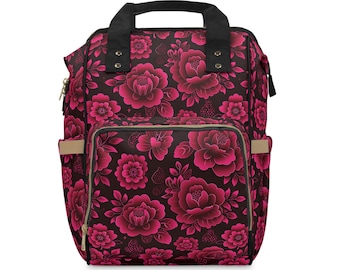 Sac à dos à couches multifonctionnel rose à motif floral | Sac fleuri pour bébé