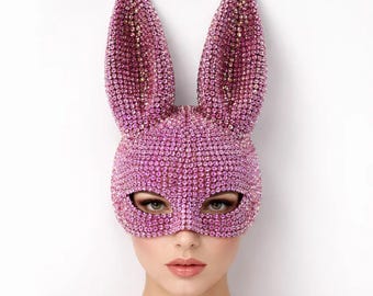 Sequin Rabbit Bunny Mask | Crystal Ear Masquerade Mask | Mask for Rave Parties & New Year Events