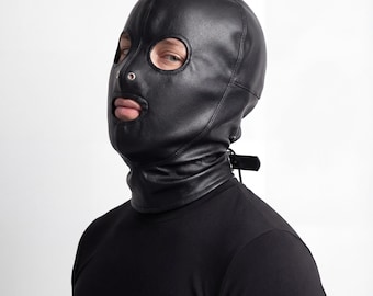 Máscara de cosplay de cara completa negra / Capucha de cuero sintético con hebilla / Máscara de juego de rol / Máscara de disfraz para adultos para fiestas