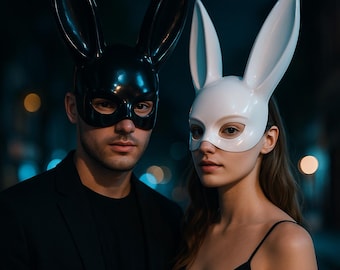 Black White Bunny Mask | Long Ears Rabbit Cosplay Mask | Adult Gothic Party Prop