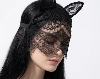 Schwarze Spitze Masquerade Katzenmaske | Gothic Kostüm Party Accessoire | Spitze Gesichtsschutz