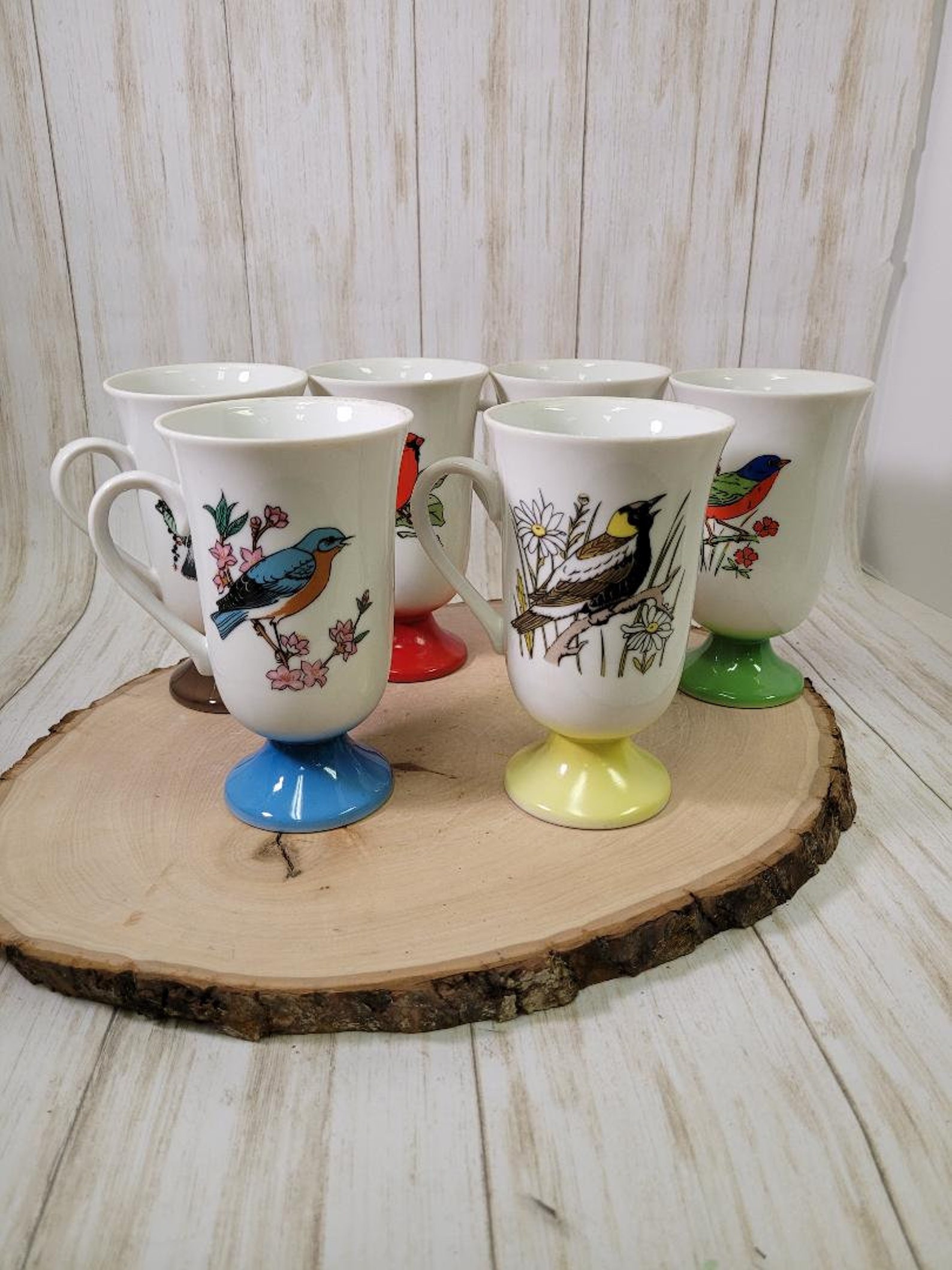 Set of 6 footed bird mugs various birds matched set 1980s Made Etsy