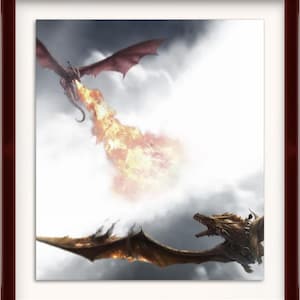 May include: Framed artwork depicting two dragons in flight, one breathing fire. The dragons are rendered in shades of red, brown, and gold against a cloudy sky. The artwork is encased in a dark brown wooden frame.