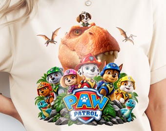 Paw and Dino Character T- Shirt Design,  Cartoon Dog, Kids Adventure PNG (Digital Download)