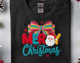 Merry Christmas Santa Bow Crochet YarnPNG, Sublimation Design Christmas Shirt Png