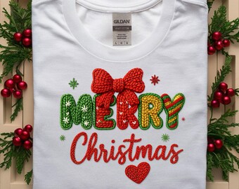 Merry Christmas Bow Crochet YarnPNG, Sublimation Design Christmas Shirt Png