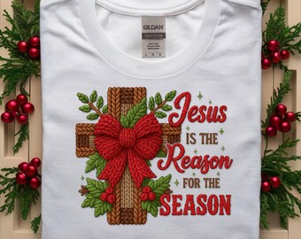 Crochet Yarn Christmas Cross Jesus is reason for season PNG, Sublimation Design Christmas Shirt