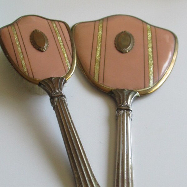 Vintage Vanity Mirror and Brush Set - Art Deco Design
