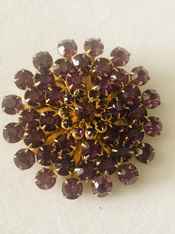 Vintage Gold Tone Amethyst Rhinestone Circular Bro