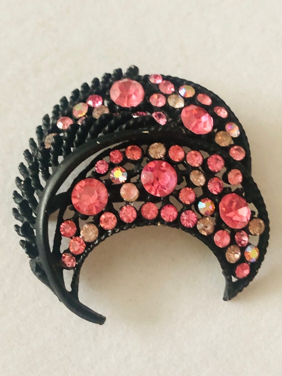 Japanned Black Vintage Pink Rhinestone Brooch - image 1