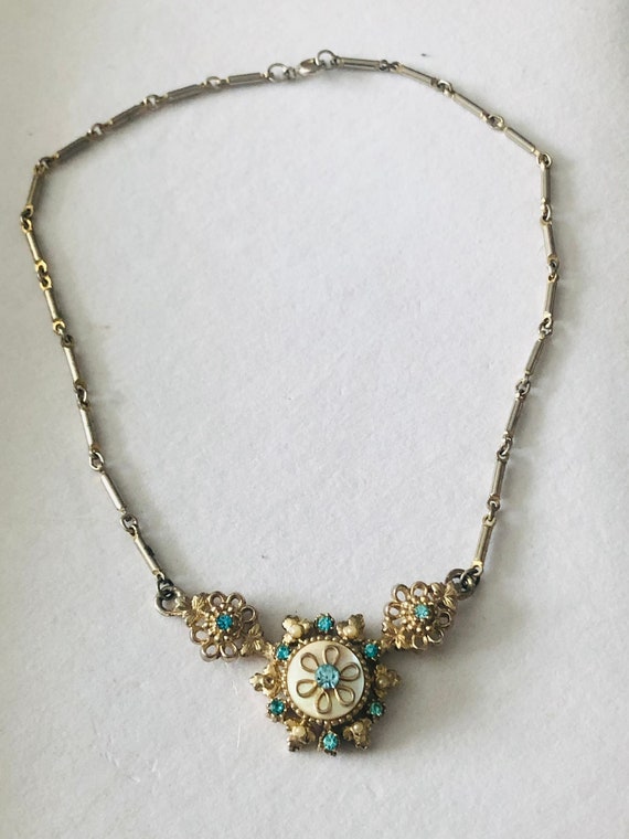 Vintage Goldtone Coro Blue Rhinestone MOP Necklace - image 8