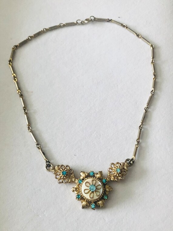 Vintage Goldtone Coro Blue Rhinestone MOP Necklace - image 10