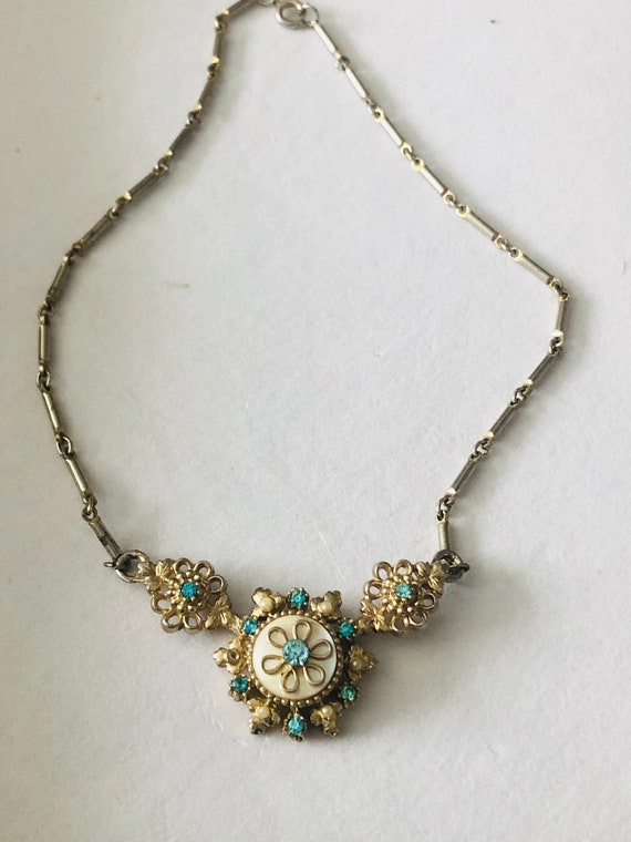 Vintage Goldtone Coro Blue Rhinestone MOP Necklace