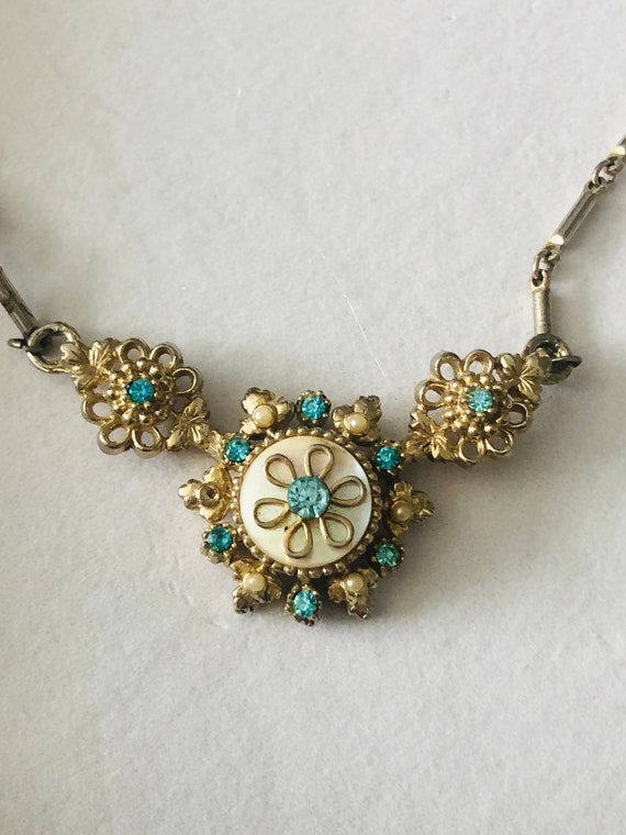 Vintage Goldtone Coro Blue Rhinestone MOP Necklace - image 2