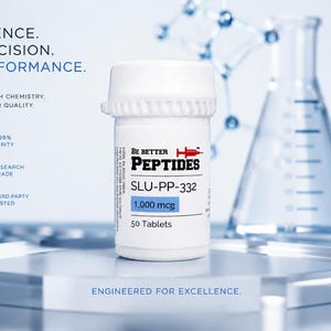May include: A white bottle of "BE BETTER PEPTIDES" SLU-PP-332, containing 1,000 mcg of tablets, with the text "SCIENCE. PRECISION. PERFORMANCE." and "ENGINEERED FOR EXCELLENCE." printed on the label. The background features laboratory equipment.