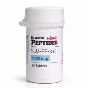May include: A white plastic bottle with a white lid. The bottle has the text "BE BETTER PEPTIDES" in black and pink. Below the text is "SLU-PP-332", "5,000 mcg", and "50 Tablets".