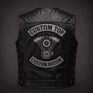Custom motorfiets leren biker clubvest met gepersonaliseerde rugpatches | Aangepast logo en tekst geborduurde patch, cadeau paardrijkleding voor heren