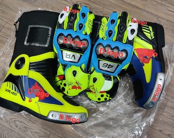 Motorcycle Race Boots and Gloves Set - Neon Yellow, Blue & Black - VR|46 Sport Gear